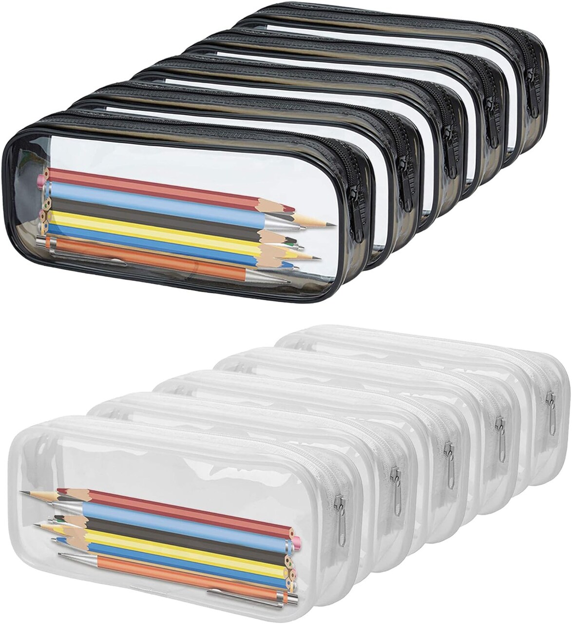 10 Pack Clear Pencil Case, PVC Pencil Bag Makeup Pouch, Big Capacity Travel Toiletry Bag with Zipper for Office Stationery and Travel Storage (Black+White)